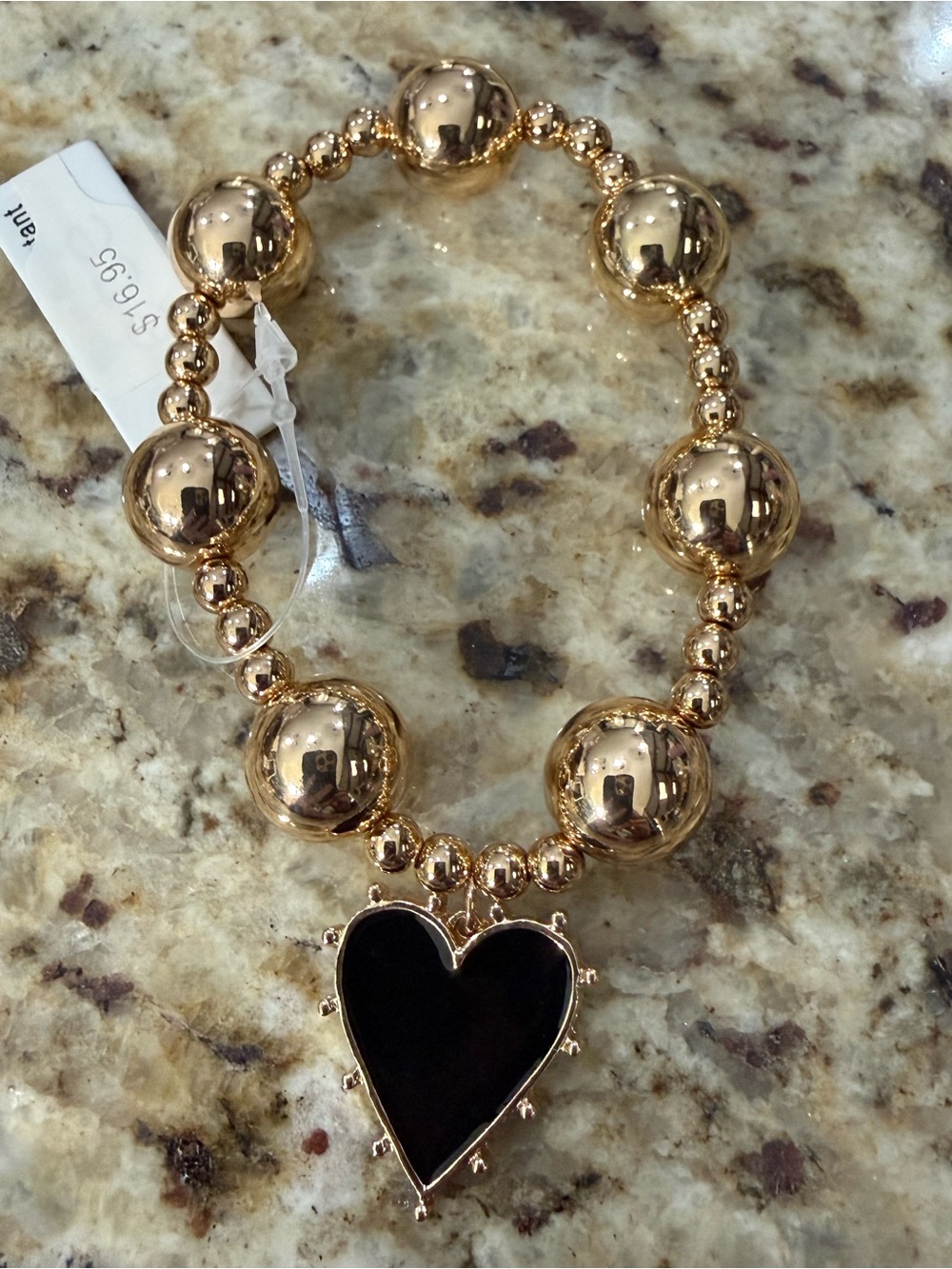 NWT Boutique Gold Chunky Bead Stretch Bracelet with Dangling Enamel Heart Charm